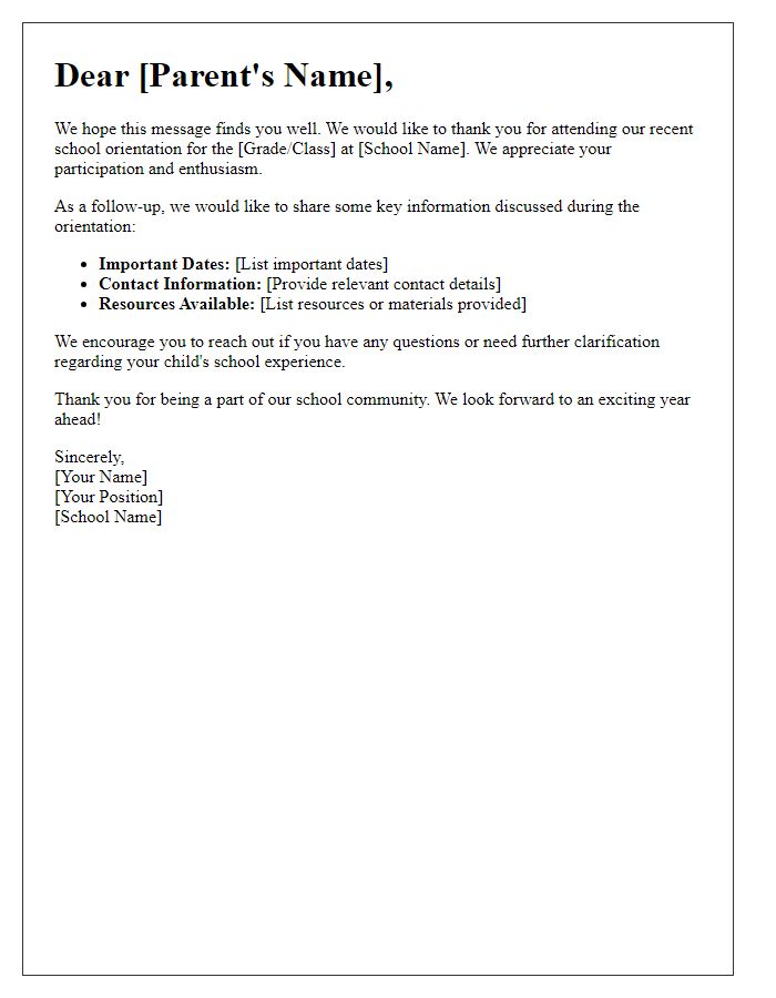 Letter template of school orientation follow-up