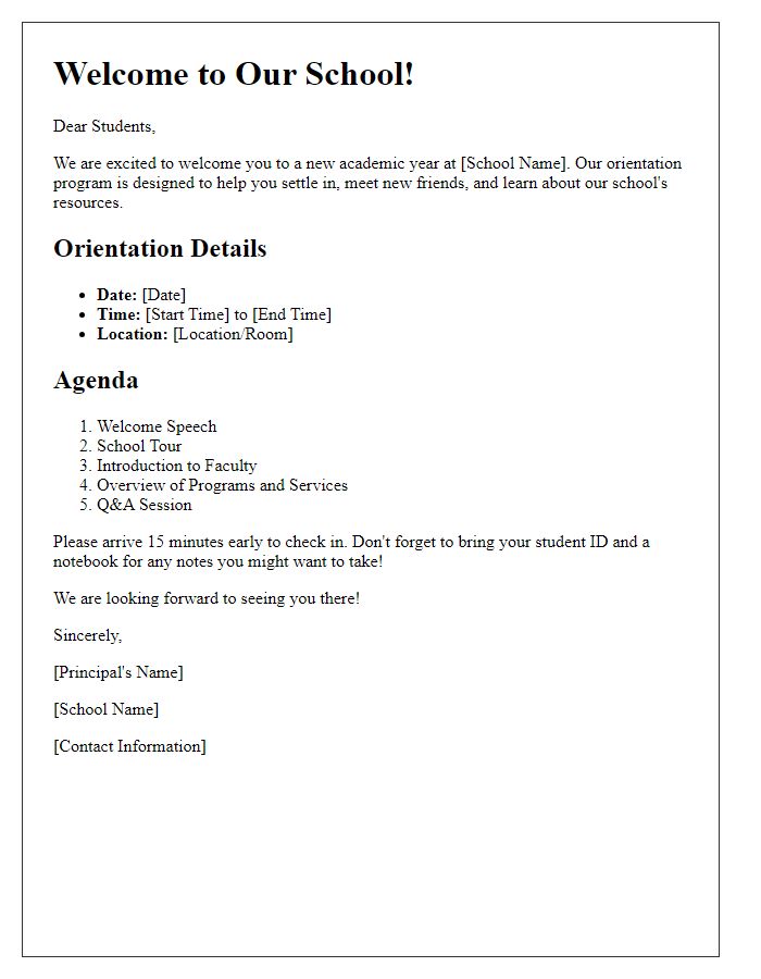 Letter template of school orientation information for students