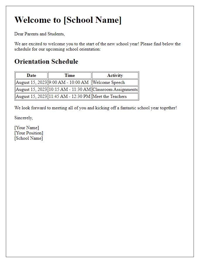 Letter template of school orientation schedule