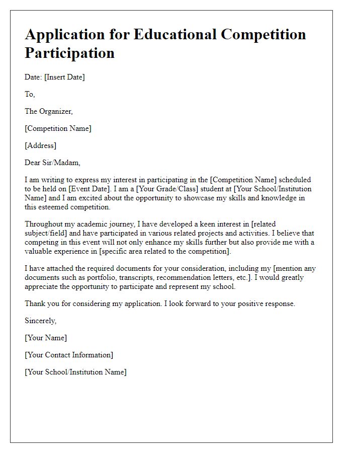 Letter template of application for educational competition participation