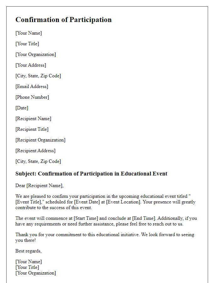 Letter template of confirmation for educational event participation