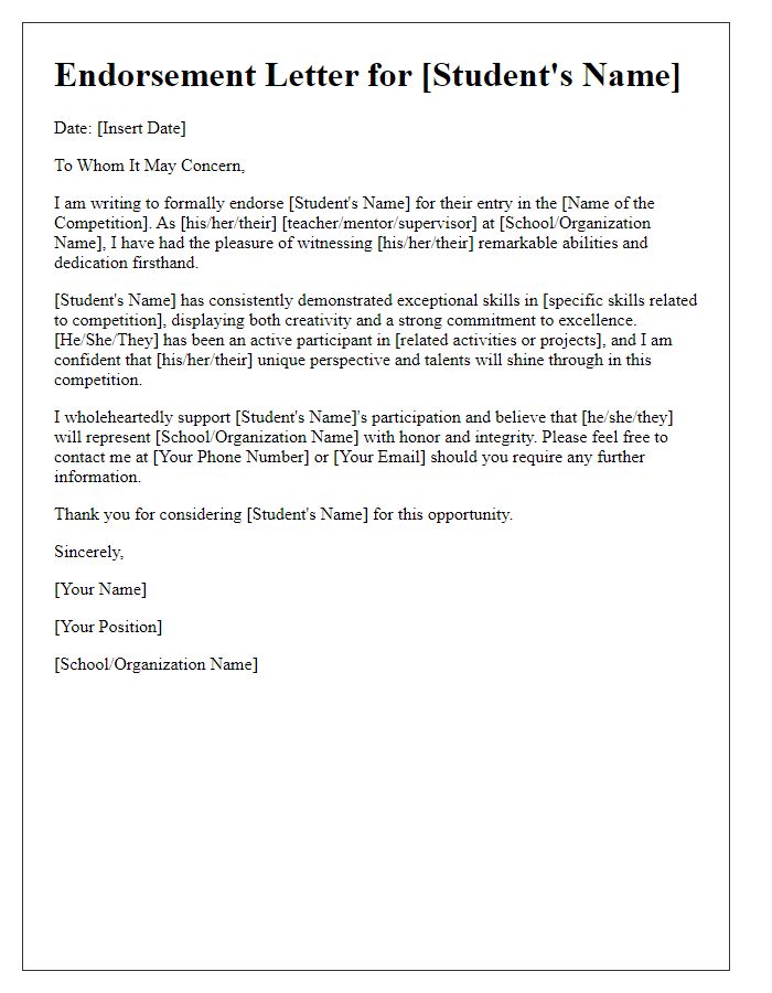 Letter template of endorsement for student competition entry