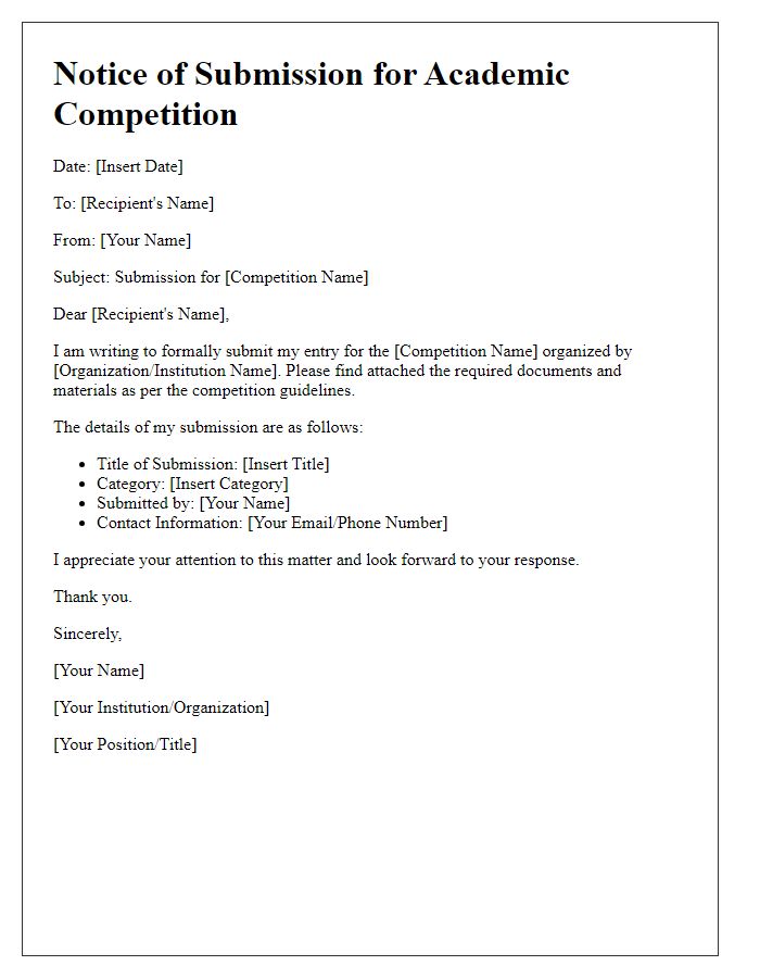 Letter template of notice for academic competition submission