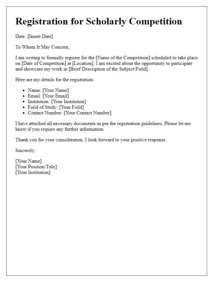 Letter template of registration for scholarly competition