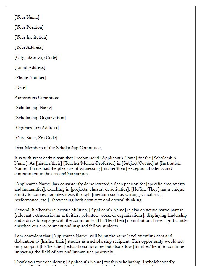 Letter template of scholarship recommendation for arts and humanities applicant