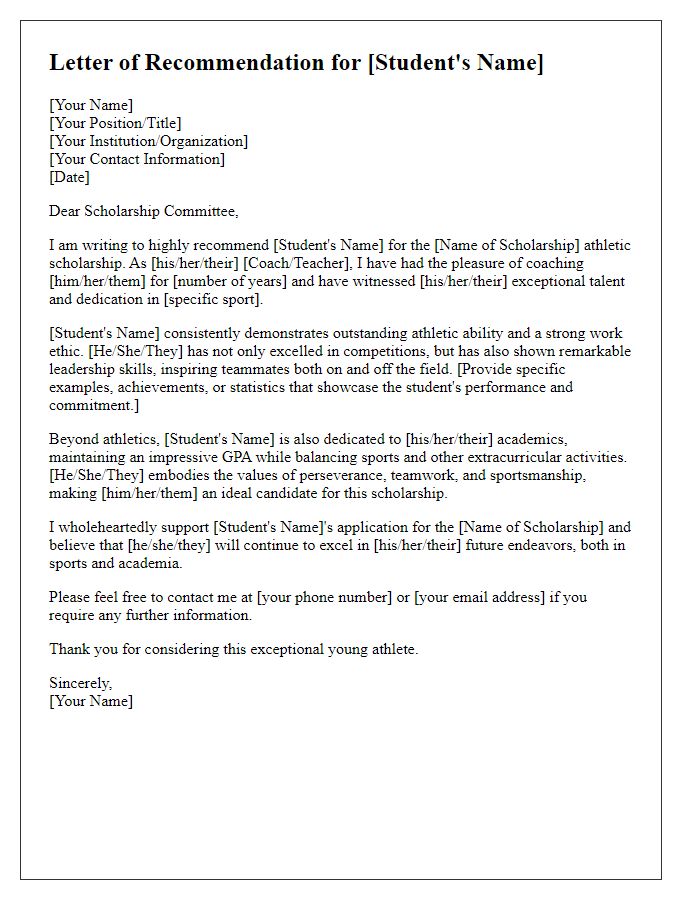 Letter template of scholarship recommendation for athletic scholarship