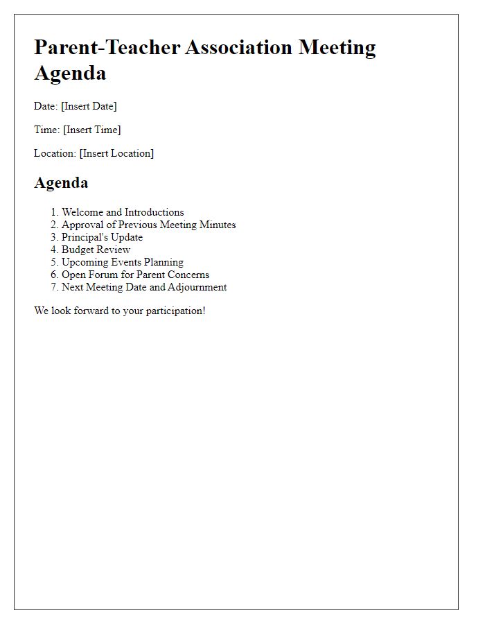 Letter template of agenda for parent-teacher association meeting