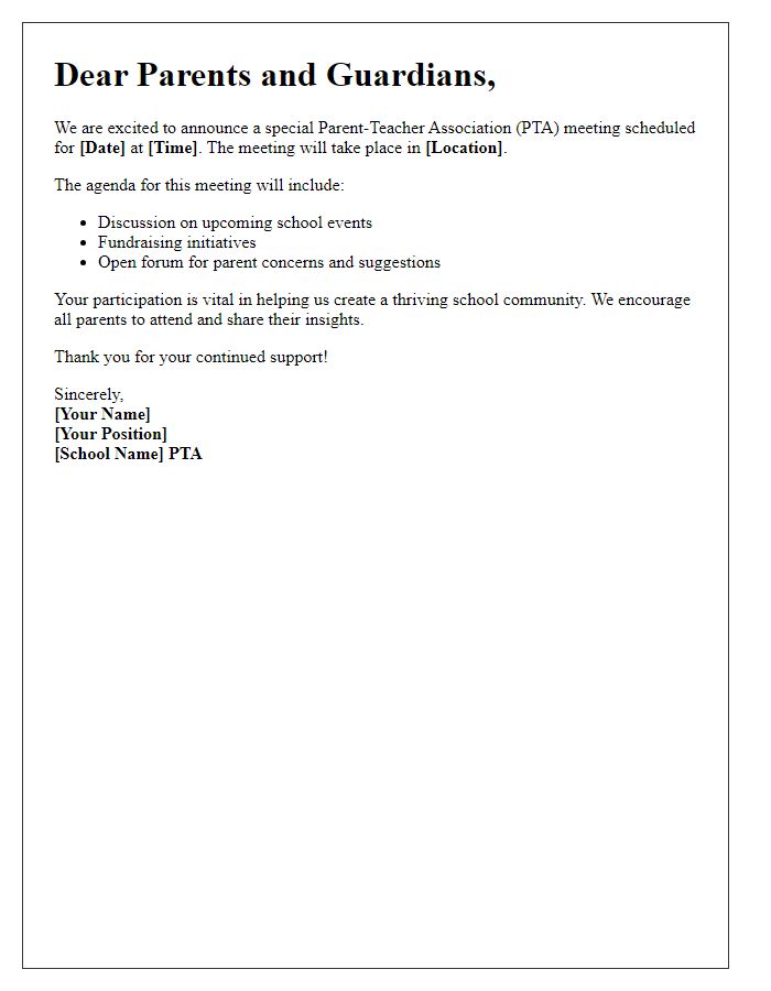 Letter template of announcement for special parent-teacher association meeting