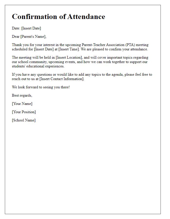 Letter template of confirmation for parent-teacher association meeting