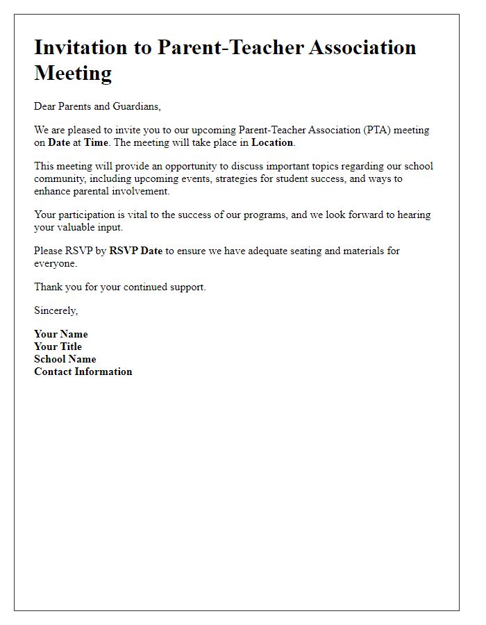 Letter template of invitation for parent-teacher association meeting