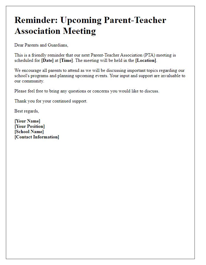 Letter template of reminder for upcoming parent-teacher association meeting