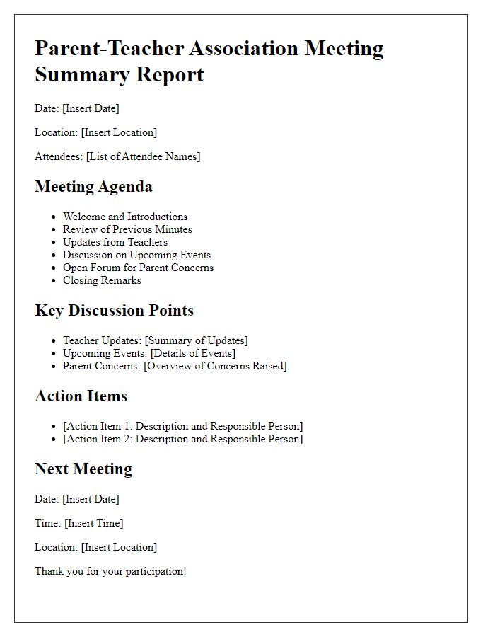 Letter template of summary report from parent-teacher association meeting