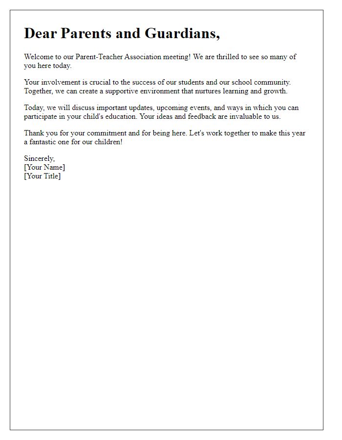 Letter template of welcoming remarks for parent-teacher association meeting