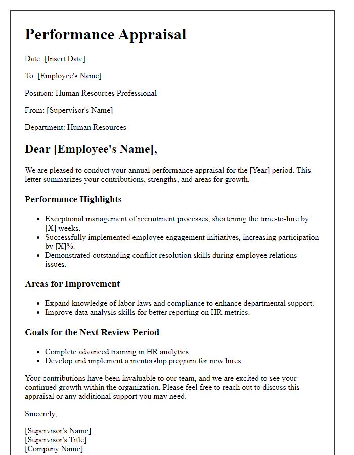 Letter template of appraisal for a human resources professional.