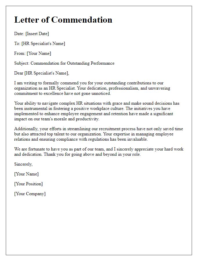 Letter template of commendation for an HR specialist.