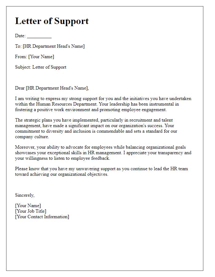 Letter template of support for an HR department head.