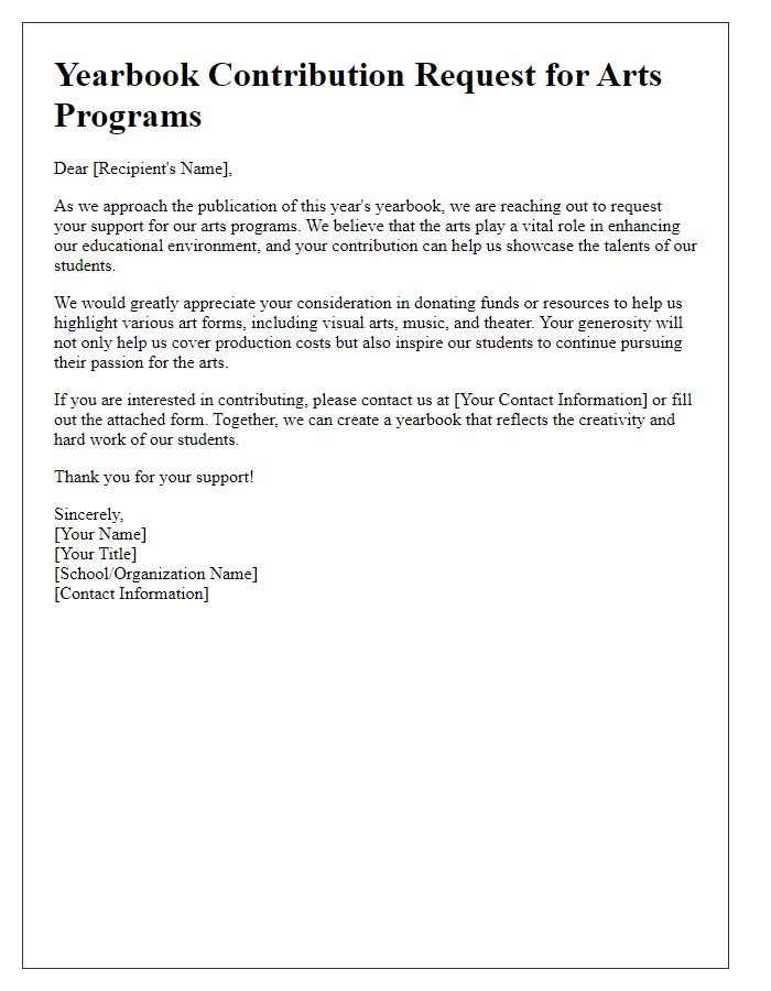 Letter template of yearbook contribution request for arts programs.