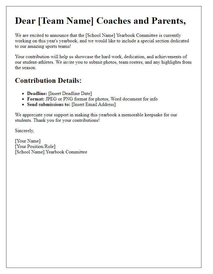 Letter template of yearbook contribution request for sports teams.