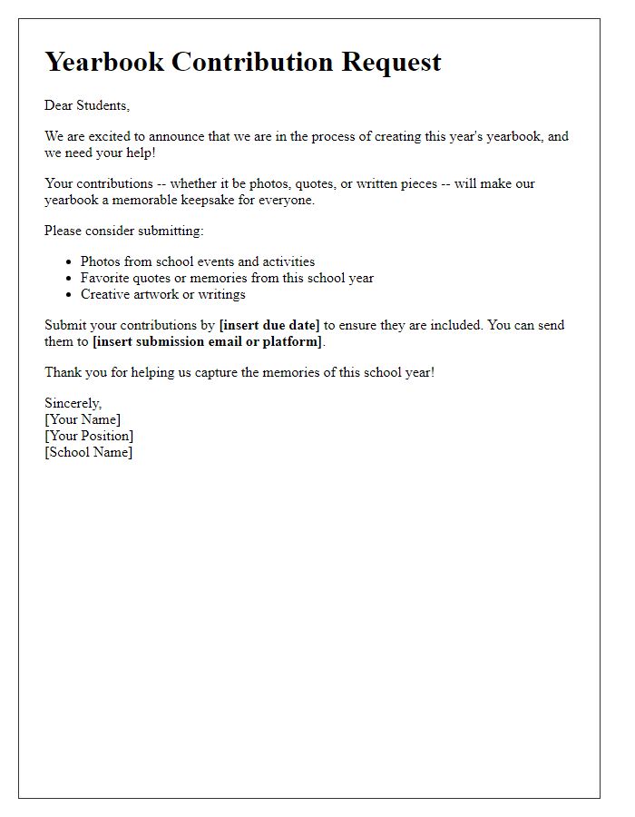 Letter template of yearbook contribution request for students.