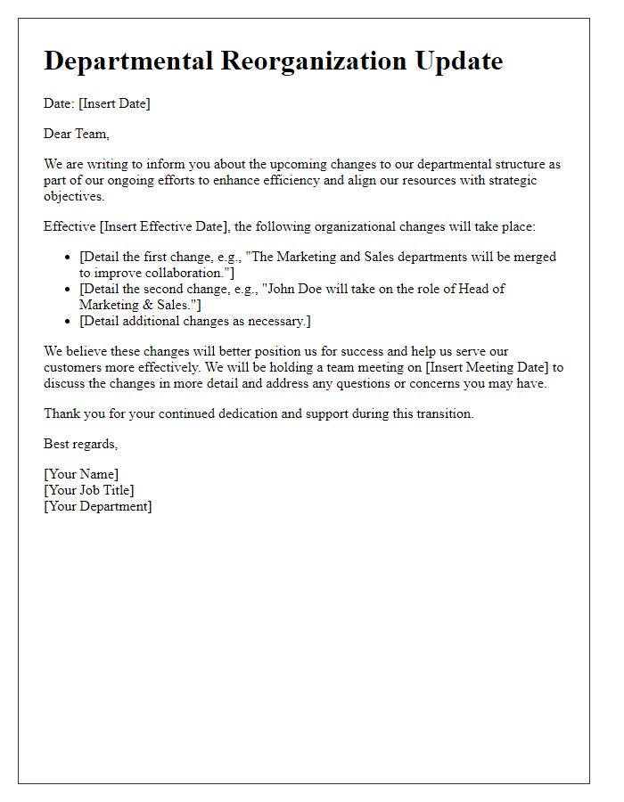 Letter template of departmental reorganization update.