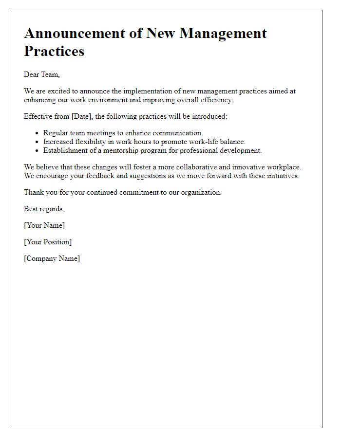 Letter template of new management practices announcement.