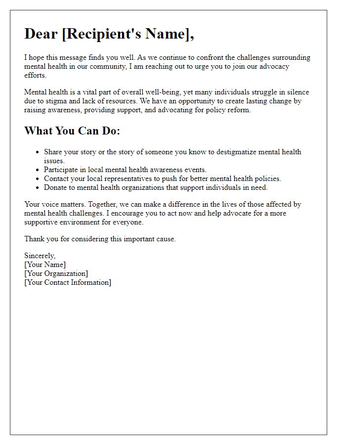 Letter template of call to action for mental health advocacy