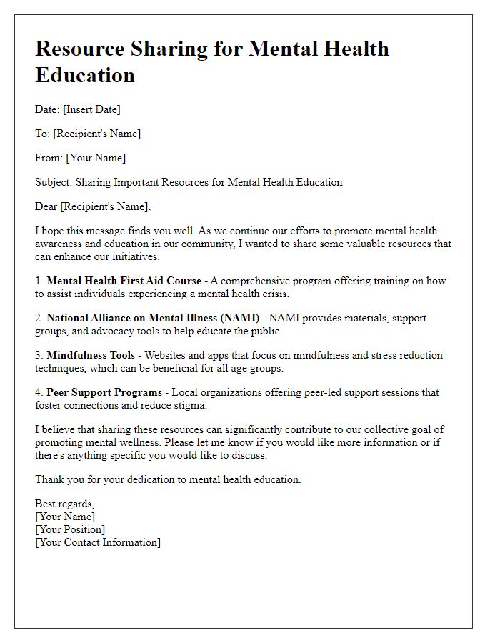 Letter template of resource sharing for mental health education