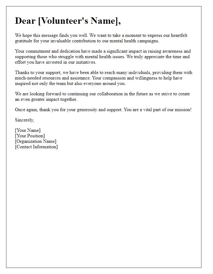 Letter template of thank you to volunteers in mental health campaigns