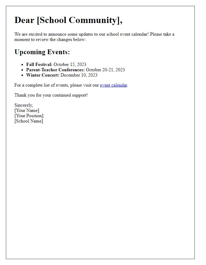 Letter template of school website event calendar update