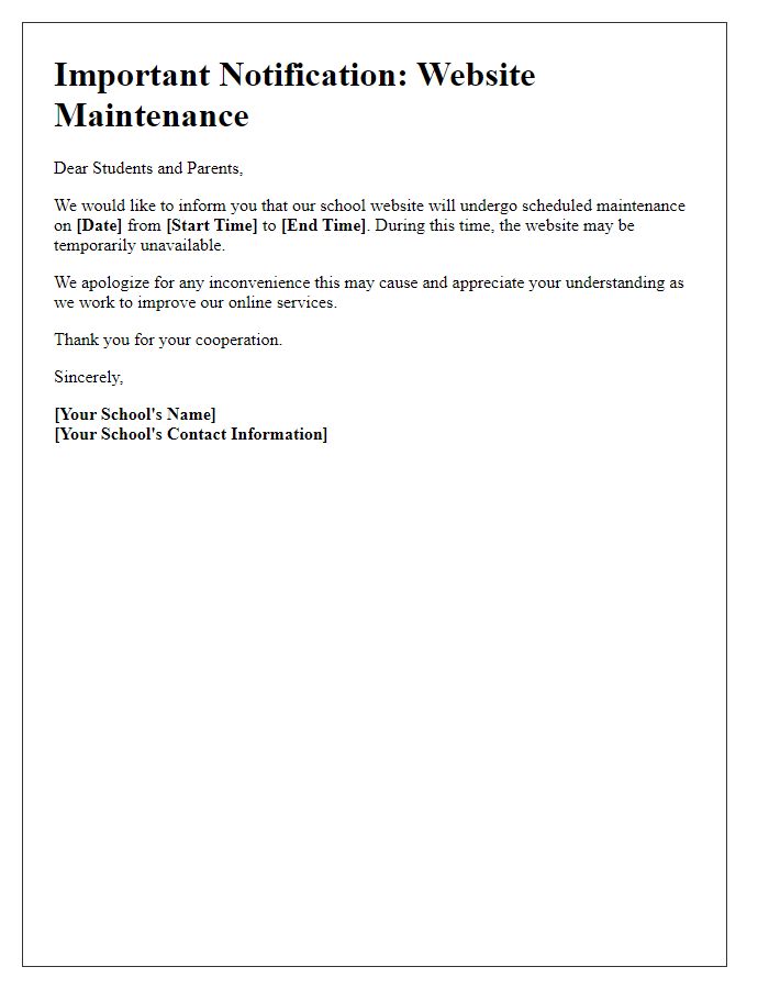 Letter template of school website maintenance notification