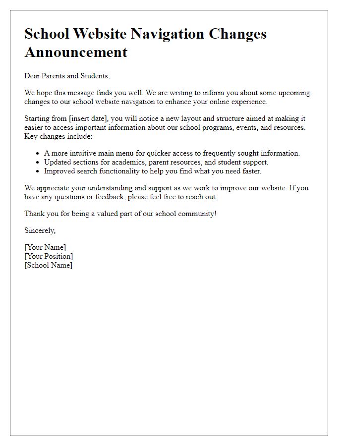 Letter template of school website navigation changes announcement