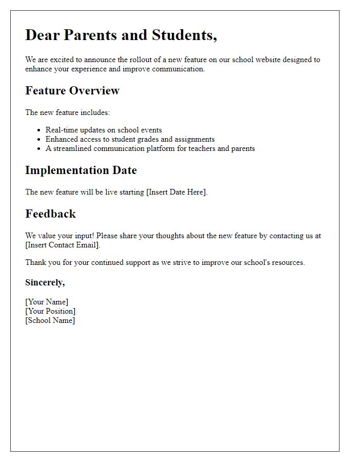 Letter template of school website new feature rollout