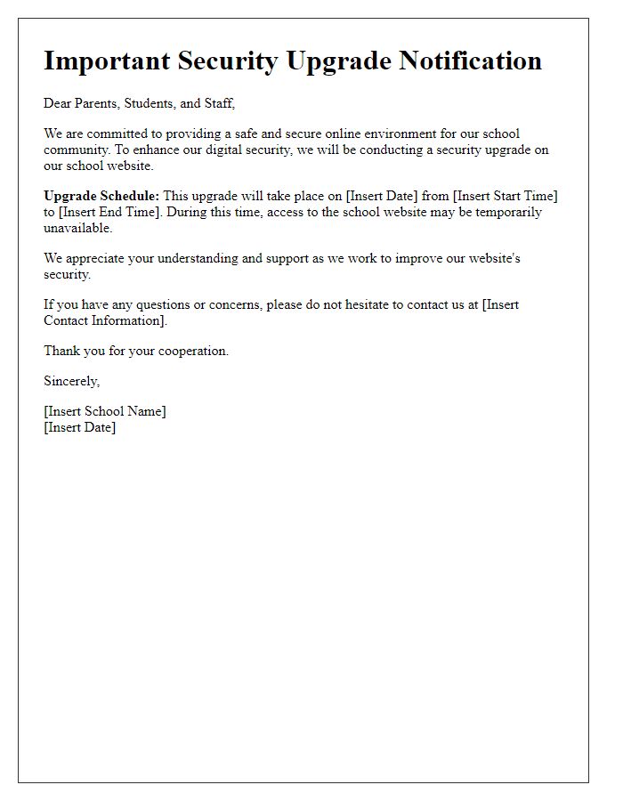 Letter template of school website security upgrade alert