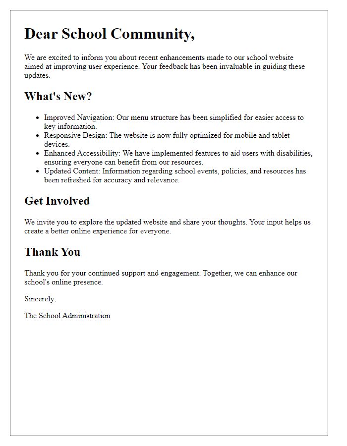 Letter template of school website user experience enhancement update