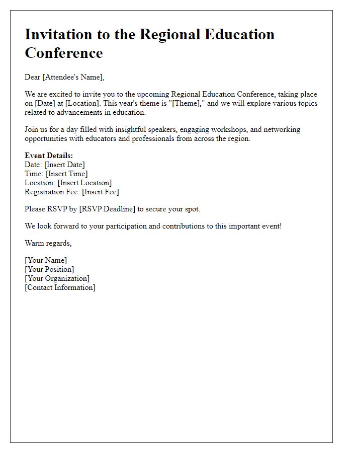 Letter template of invitation for attendees to a regional education conference.