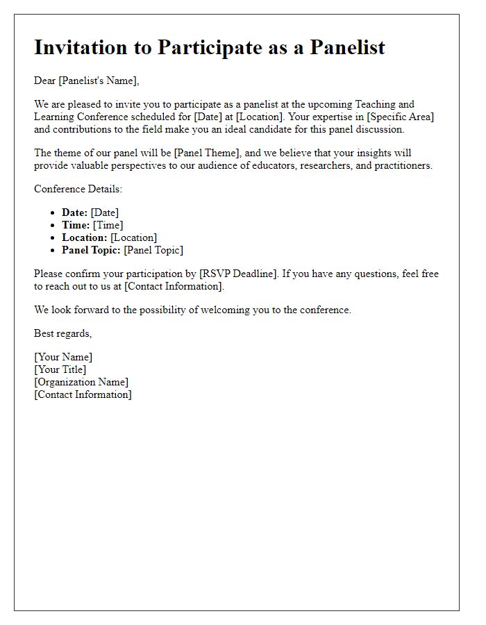 Letter template of invitation for panelists at a teaching and learning conference.