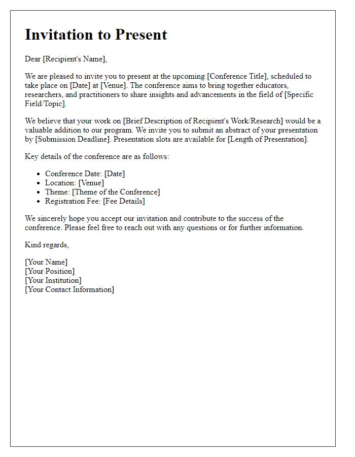 Letter template of invitation to present at an academic teaching conference.