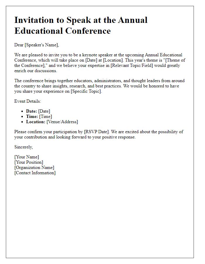 Letter template of invitation for speakers at an educational conference.