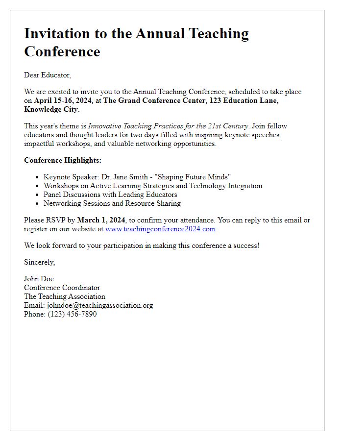 Letter template of invitation to a teaching conference for educators.