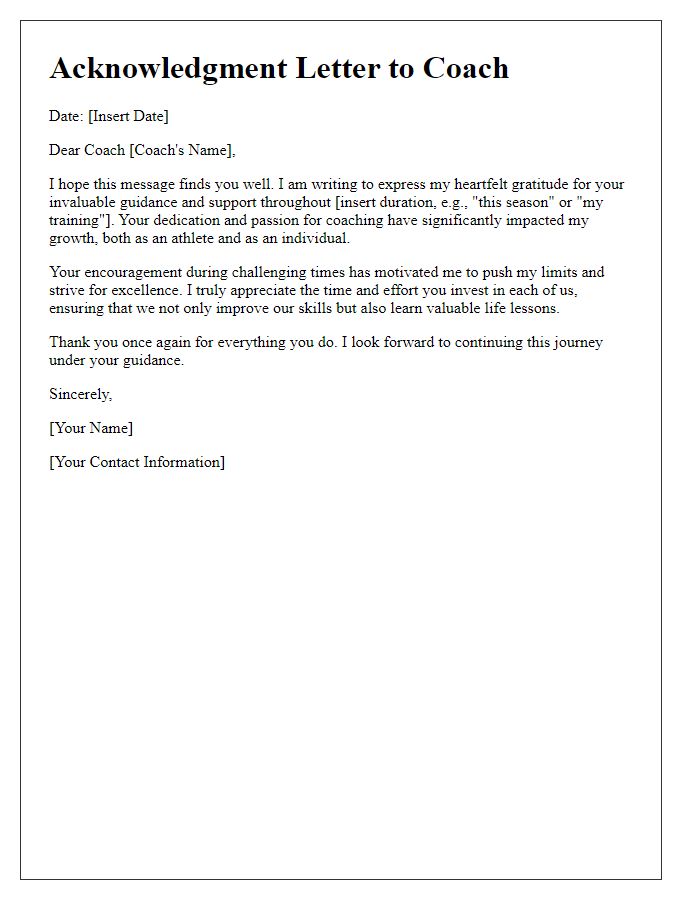 Letter template of acknowledgment for a coachs invaluable guidance.