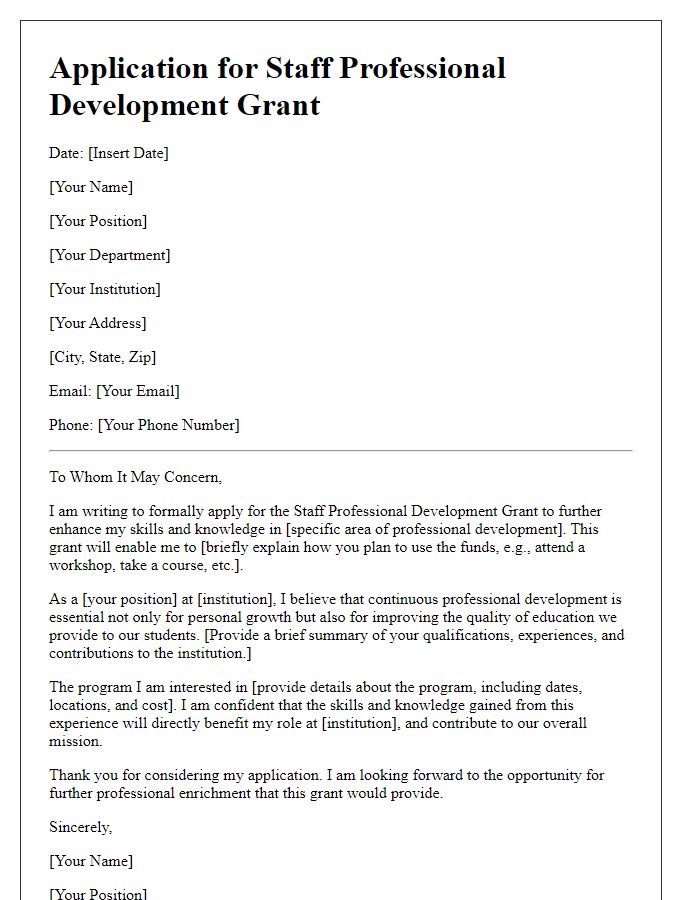 Letter template of application for staff professional development grants