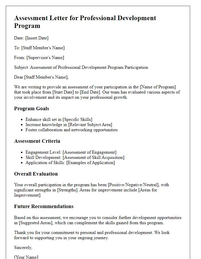 Letter template of assessment for staff professional development programs