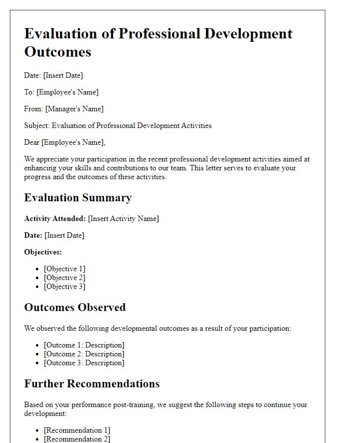 Letter template of evaluation for staff professional development outcomes