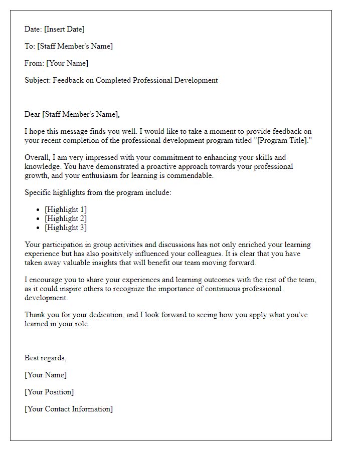 Letter template of feedback for completed staff professional development