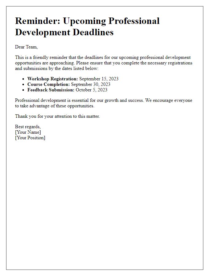 Letter template of reminder for staff professional development deadlines