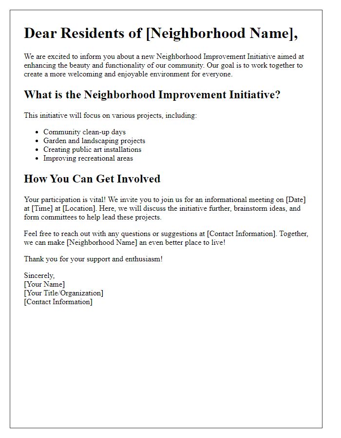 Letter template of neighborhood improvement initiative