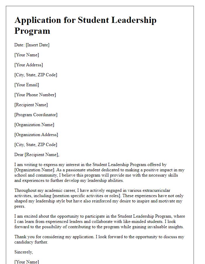 Letter template of application for student leadership program introduction