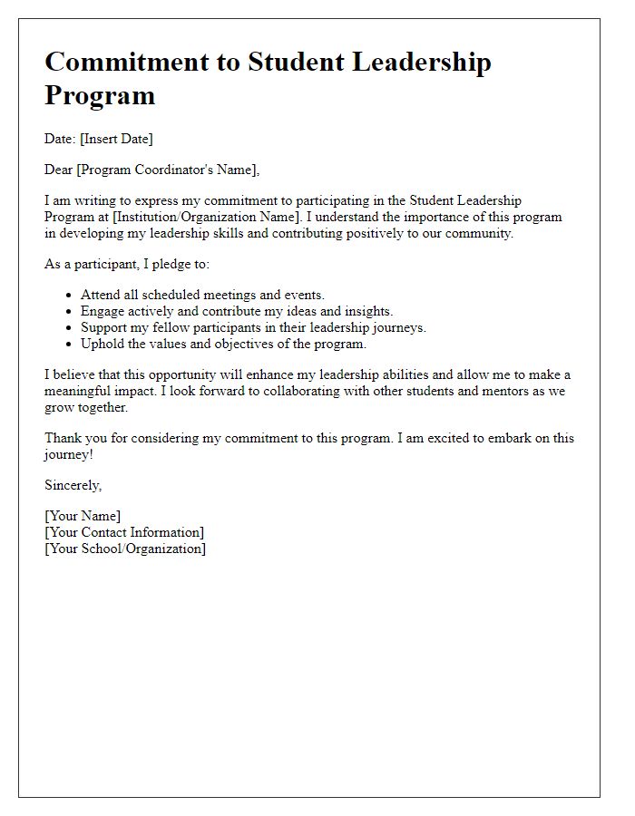 Letter template of commitment to student leadership program introduction