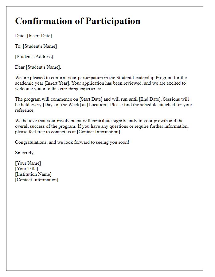 Letter template of confirmation for student leadership program introduction