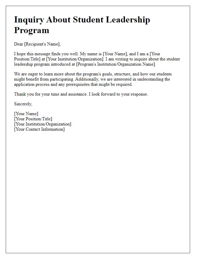 Letter template of inquiry about student leadership program introduction